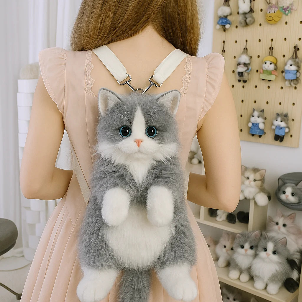 Girls Cute Cat Backpack, Kawaii Plush Bag, Soft Animal Crossbody Bag