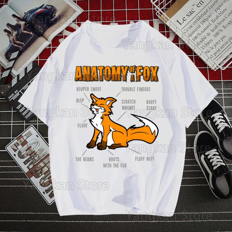 White t-shirt with a fox graphic and text on a grid background