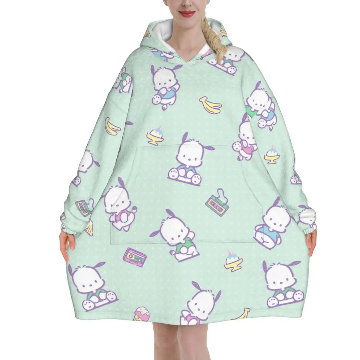 My Melody And Kuromi Blanket Hoodie Wearable Cute Cartoon Blanket Large with Pocket Warm Onesie
