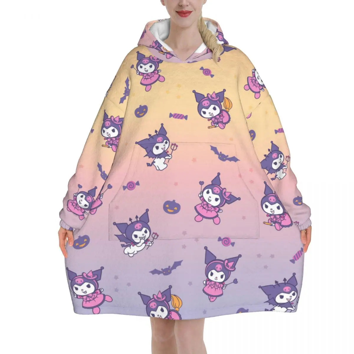 My Melody And Kuromi Blanket Hoodie Wearable Cute Cartoon Blanket Large with Pocket Warm Onesie