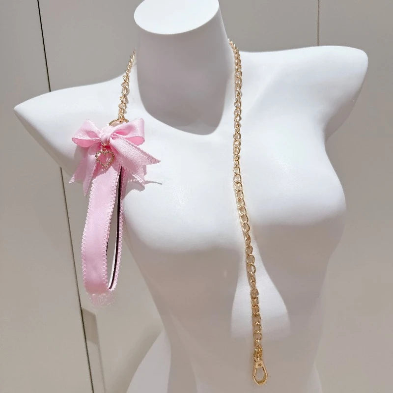 Pink Bow Nipple Clips Heart-Shaped Gemstone Collar Leash Set with Body Chain