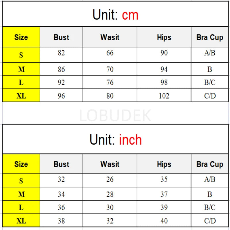 Size chart for clothing with measurements in centimeters and inches, featuring the brand 'LOBUDENK'.