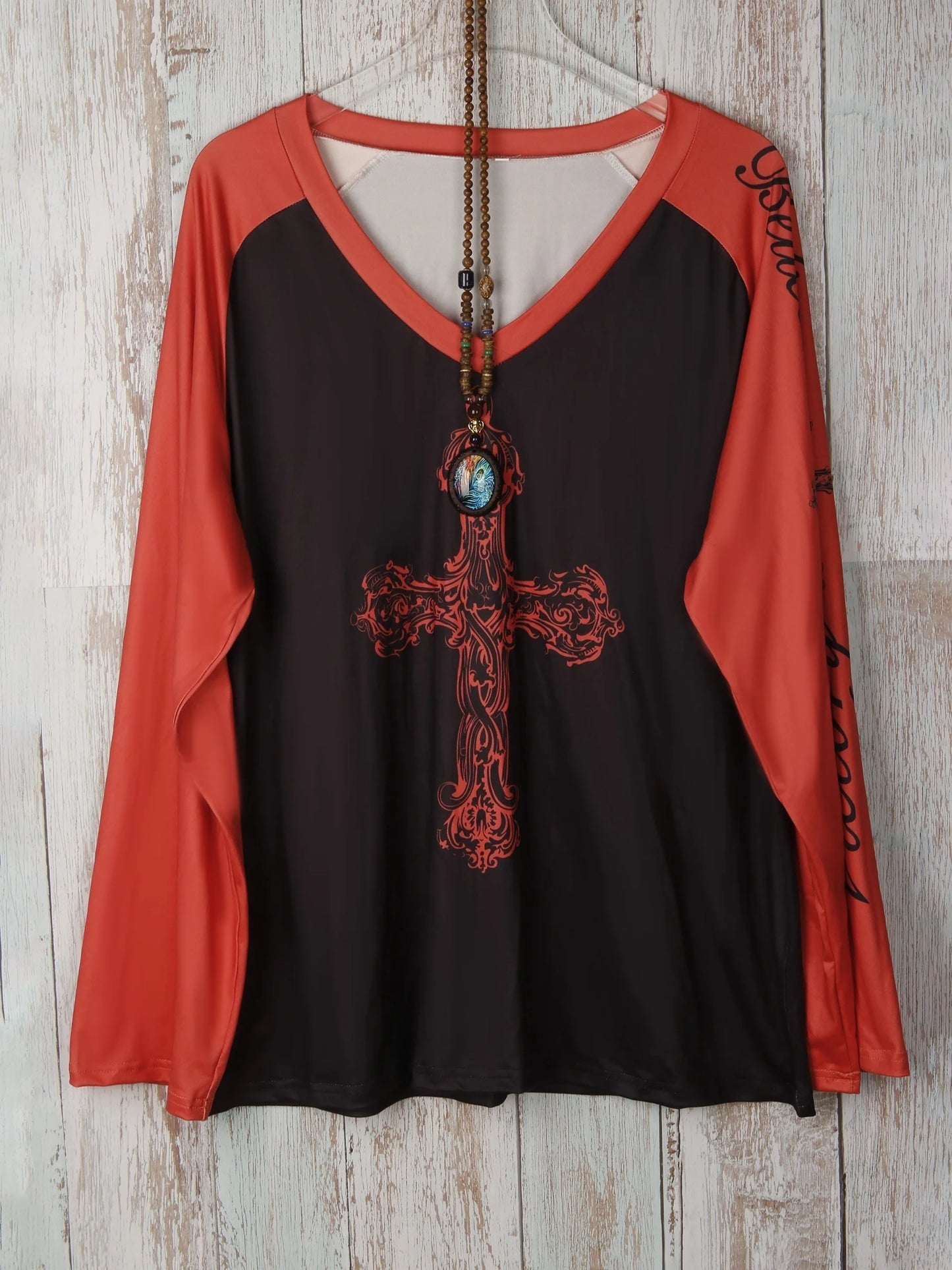 Plus Size Women's V-Neck Long Sleeve Cross Print T-Shirt Casual Loose Fit