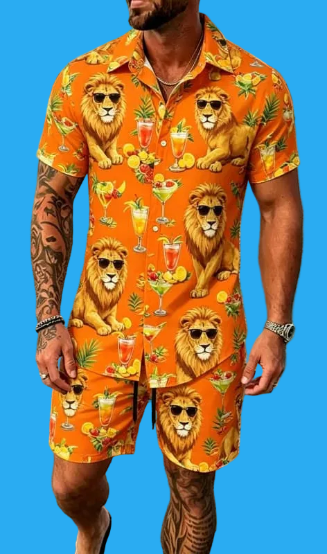 Cool animal print vacation set, short sleeved shirt and shorts, suitable for beach vacations and fun tropical outfits.