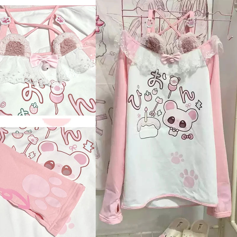 Kawaii arcane Anime Printed T-shirt Autumn New Subculture Pink Long-sleeved T Shirt Halter Design Sense