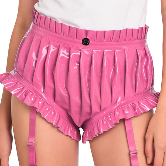 Unisex Wet Look Lingerie Latex Shorts Patent Leather Ruffle Trim with Garter Clips