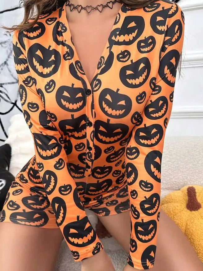 Unisex Romper Long Sleeve Button Front Pumpkin Print Jumpsuit