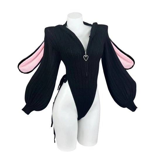 KORURACLUB Gray Knitted Or Pink Bunny Girl Long-sleeved Jumpsuit Sweater