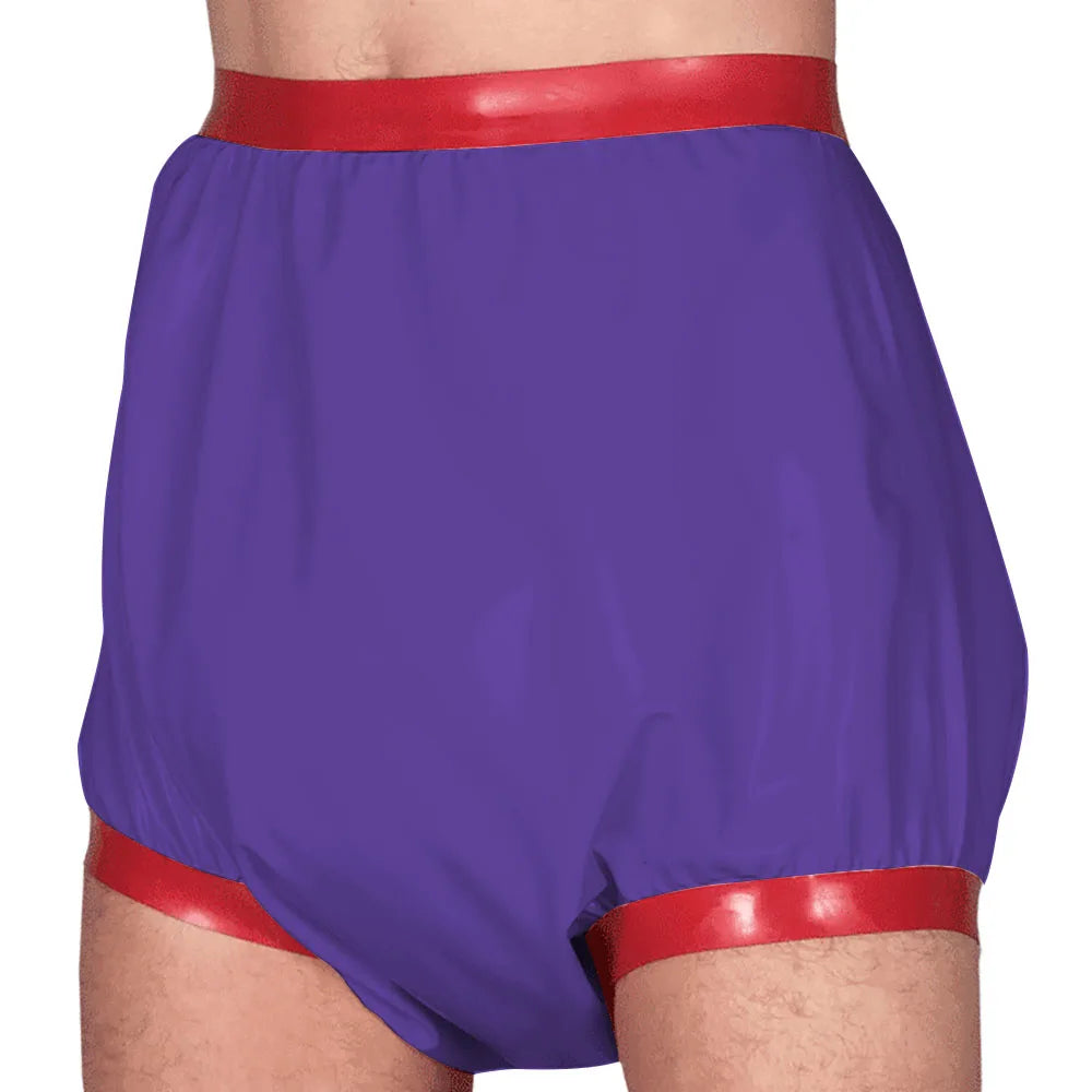 Adult Baby High Waisted Diaper Pants Wet look PVC Leather Patchwork Wide Thigh Shorts