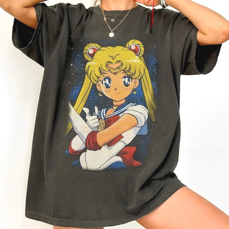 Sailor Moon Retro 90s Anime Grap Summer Cotton T Shirt