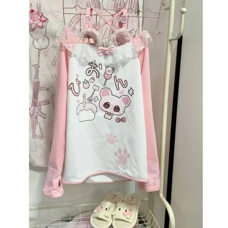 Kawaii arcane Anime Printed T-shirt Autumn New Subculture Pink Long-sleeved T Shirt Halter Design Sense