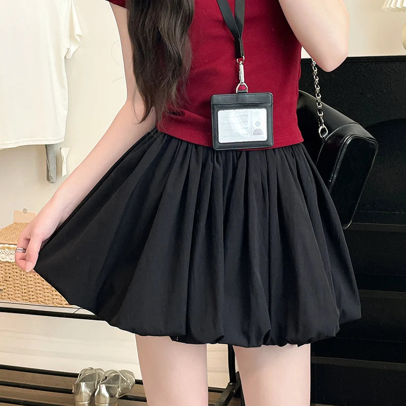 Women's Mini Skirt High Waist A-Line Skirt with Built-in Shorts for Petite, Pleated Puff Hem