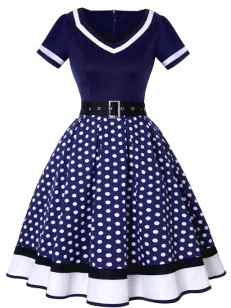 Vintage 50s 60s Mummy Vintage Party Dress With Belt Polka Dot Print Short Sleeve Hepburn Robe Pin Up Rockabilly Dresses