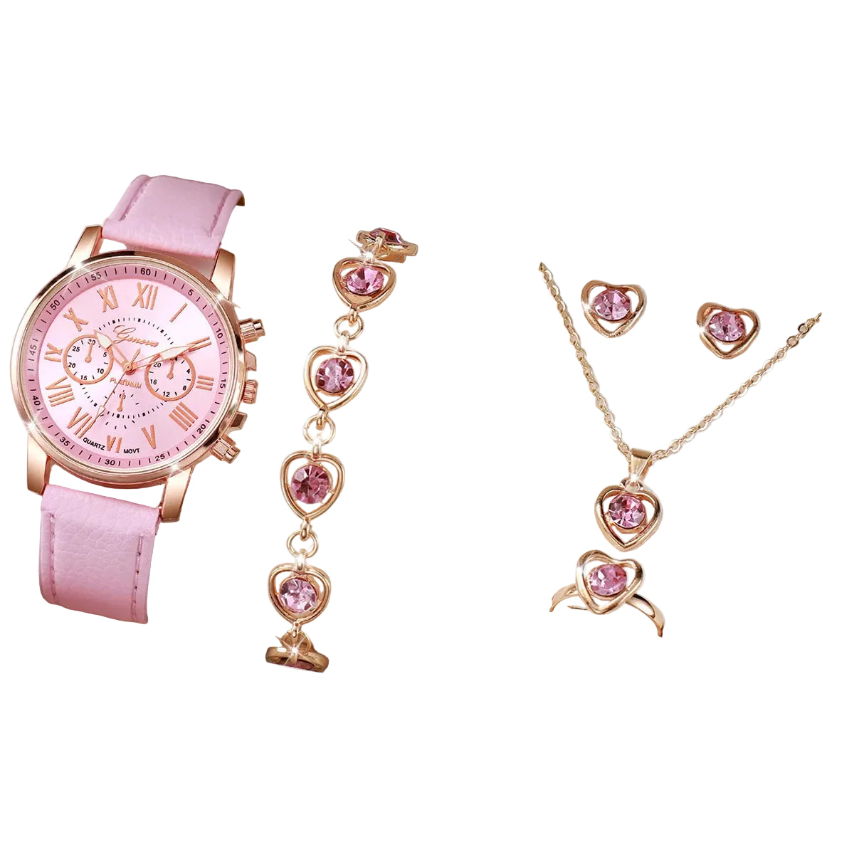 Pink watch and jewelry set with heart designs on a gray surface.