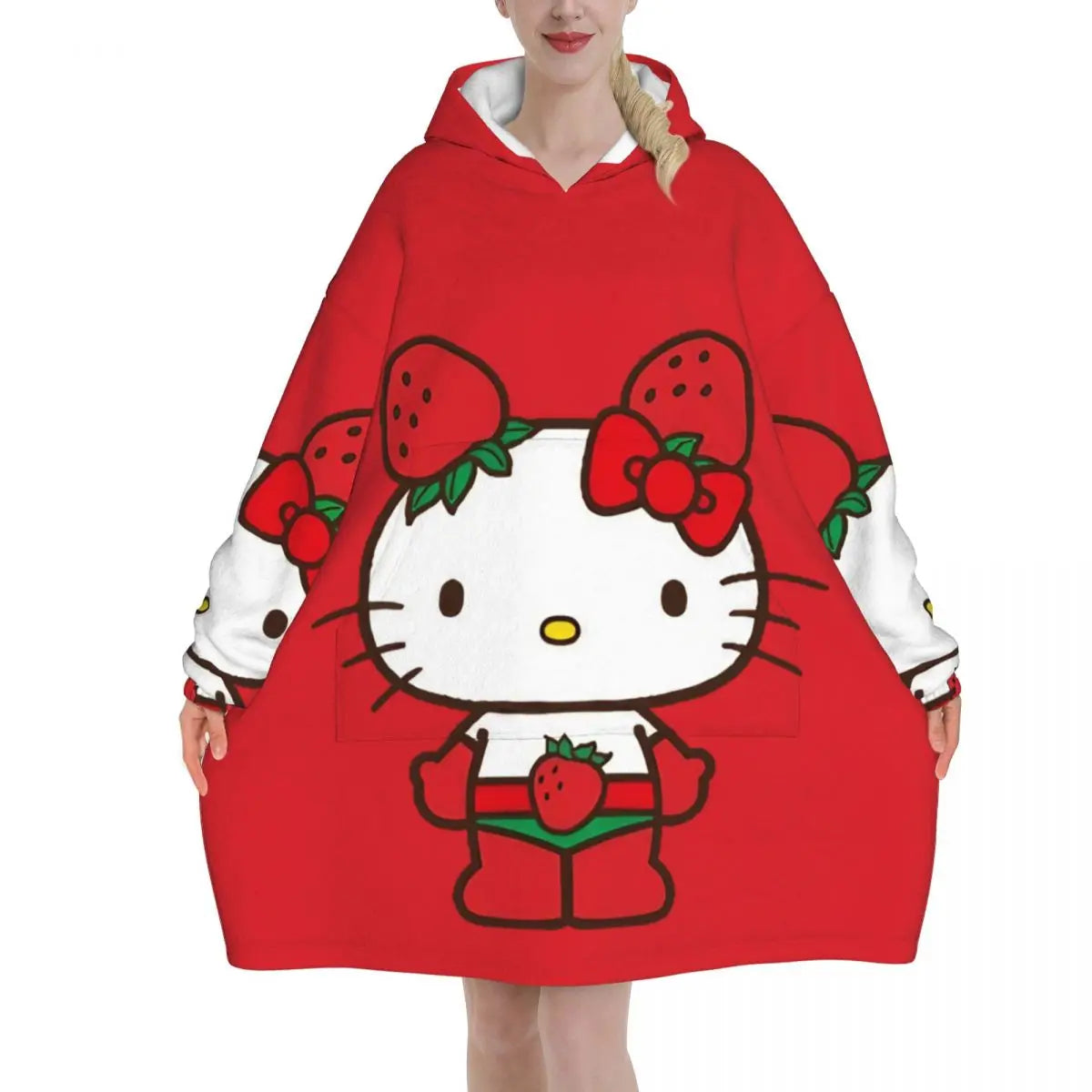 Hello Kitty Cartoon Blanket Hoodie Wearable Blanket Large with Pocket Warm Sleeping Bag Soft Cozy Onesie