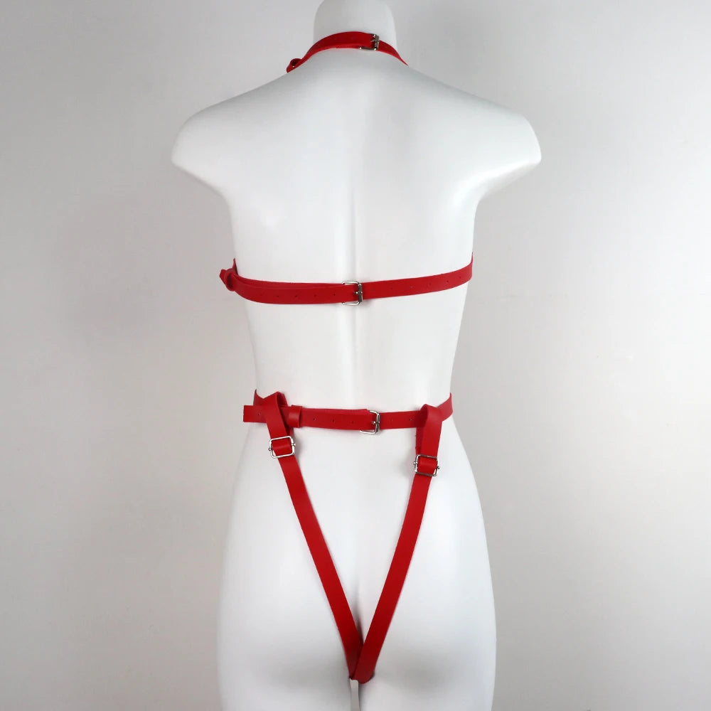 Punk Cyberpunk Red Faux Leather Body Harness - Metal Buckle Design