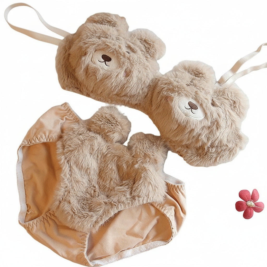 White & Brown Bear Plush Lingerie  Set