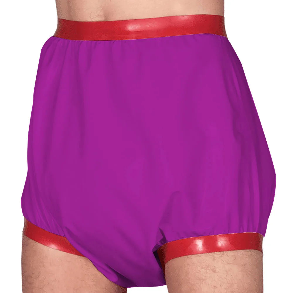 Adult Baby High Waisted Diaper Pants Wet look PVC Leather Patchwork Wide Thigh Shorts