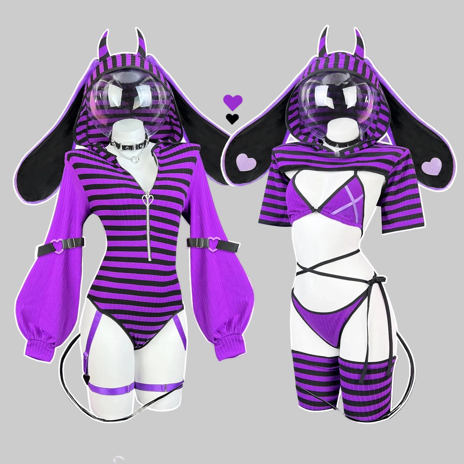 Two outfits with purple and black designs on a dark background, featuring the brand 'Korura Club'.