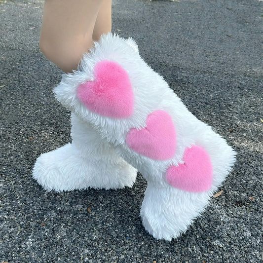 New Winter Flat Long  Lined Thickened Waterproof Warm Heart Pattern Snow Boots