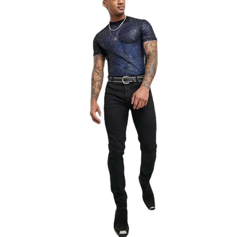 Men Mesh T Shirt See Through Shiny O Neck Short Sleeve Sexy Tee Tops Streetwear Transparent Party Nightclub Camisetas MY944