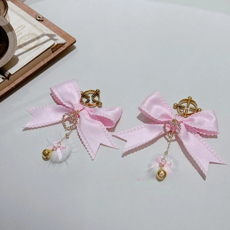 Pink Bow Nipple Clips Heart-Shaped Gemstone Collar Leash Set with Body Chain