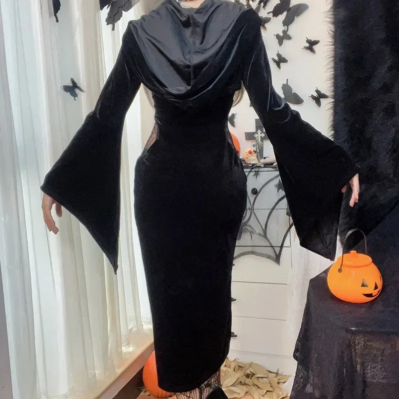 Gothic Long Dress With Hat and See Through Velvet Lace Cutout High Slit Long Sleeve