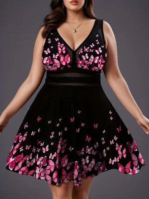 Plus Size Women's Black Blueor Black Pink Butterfly Print V Neck Mesh Panel A Line Beach Party Sundress