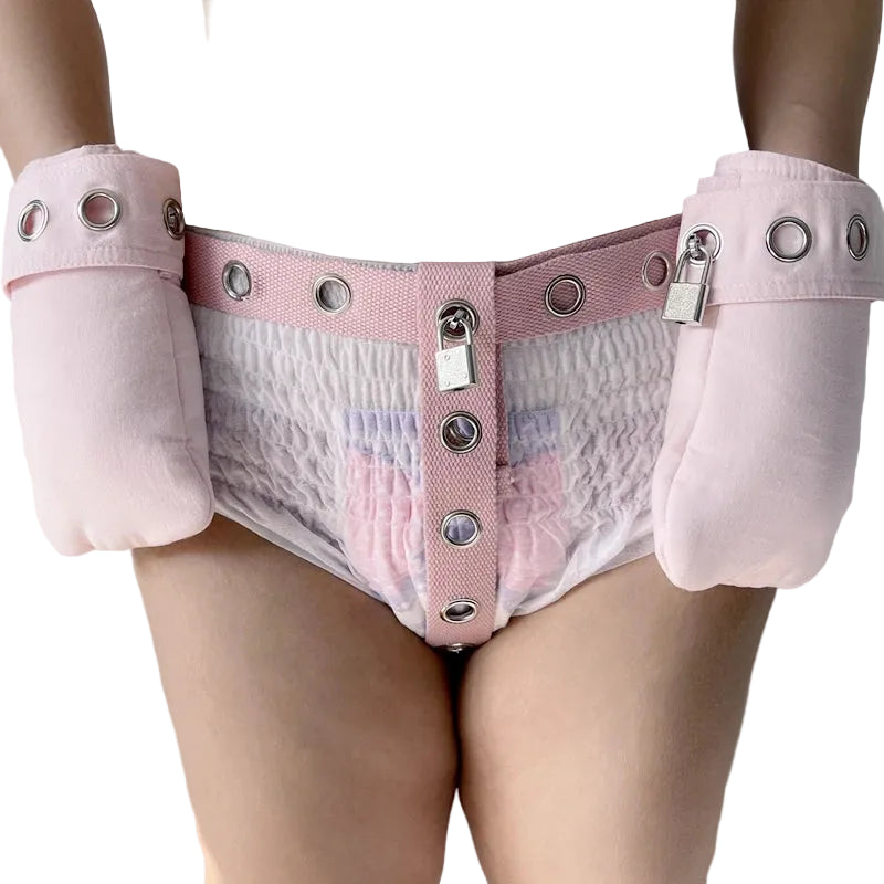 Pink diaper with locking mechanism on a plain background