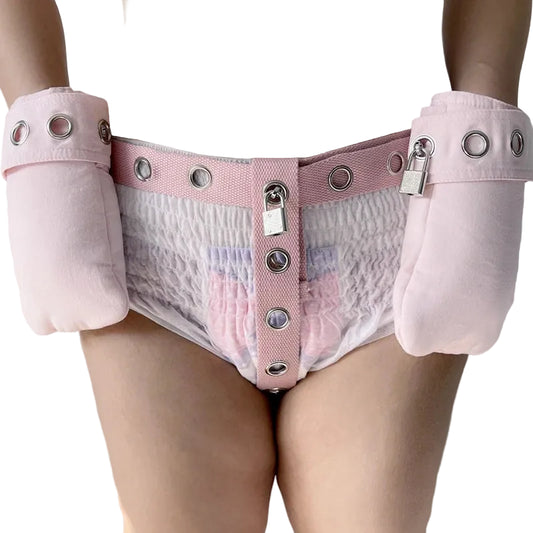 Pink diaper with locking mechanism on a plain background