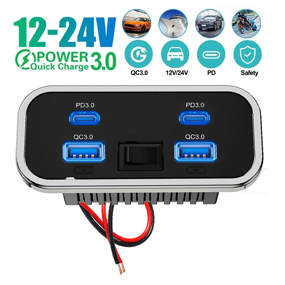 Car Charger Dual USB Type-C 4 Ports Quick Charging Socket QC3.0+PD3.0 Power Adapter For SUV RV Camping Bus Marine