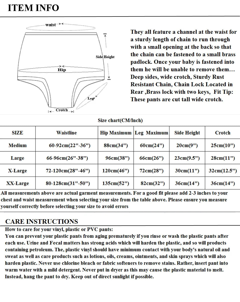 Product description sheet with size chart and care instructions for pants.