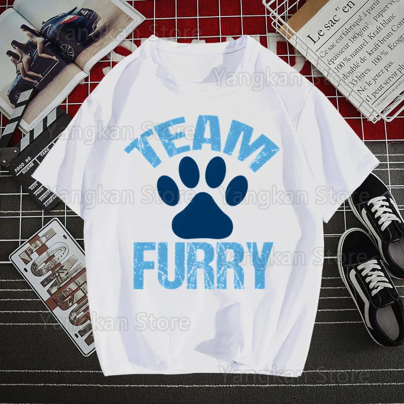 White t-shirt with 'Team Furry' design on a grid background