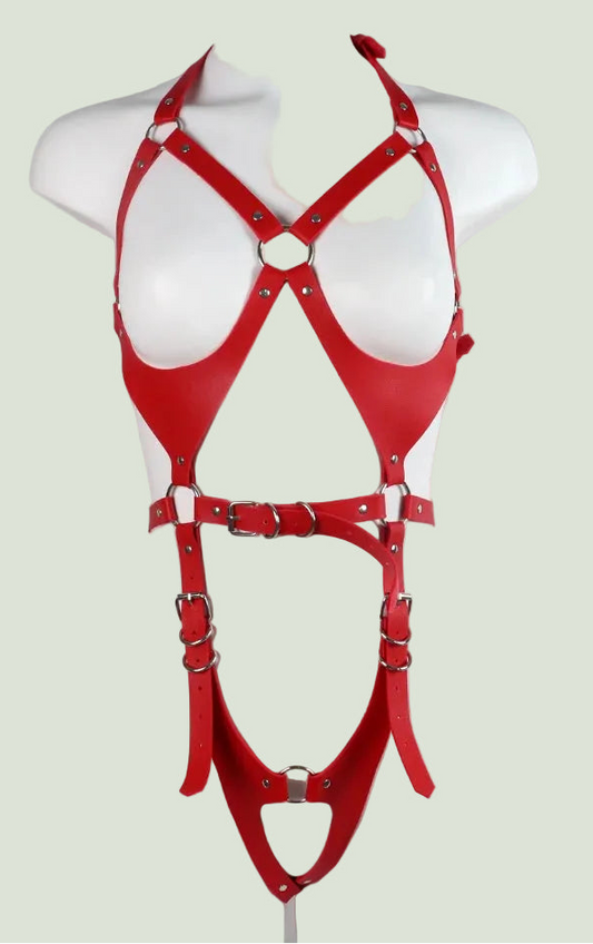 Punk Cyberpunk Red Faux Leather Body Harness - Metal Buckle Design