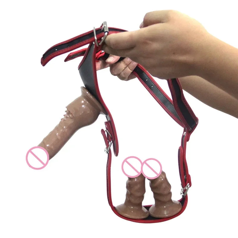 Adjustable Leather Strap On Harness with Realistic Suction Cup Dildo