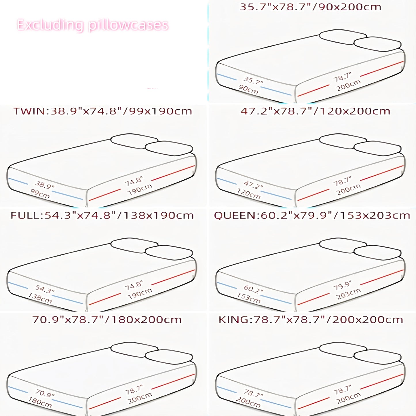 Illustrations of mattress sizes with dimensions in centimeters