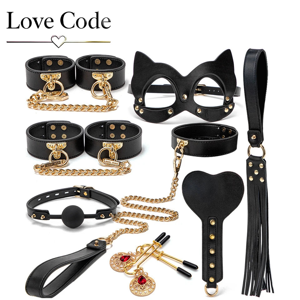 Genuine Leather BDSM Bondage Kits Sex Toys for Couples Handcuff Ankle Cuffs Collar Gag Hogtie Restraints SM Set Adult Love Games