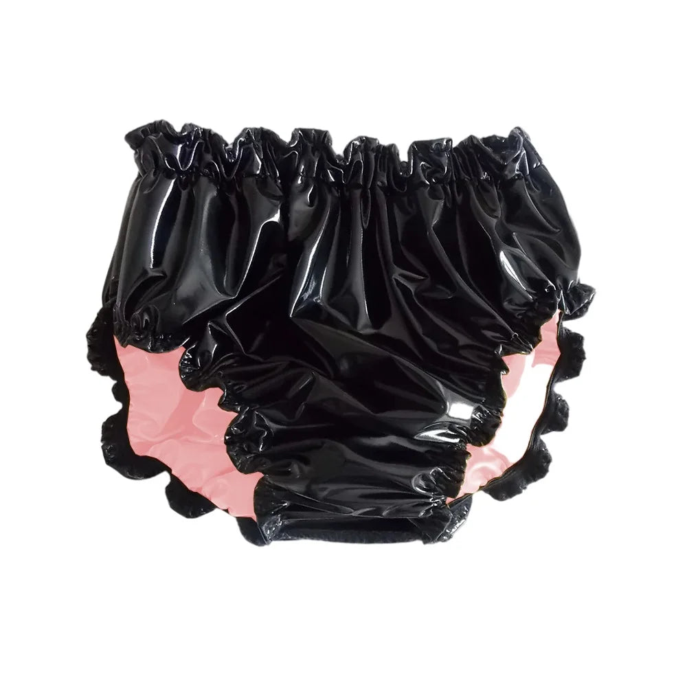 Shiny PVC Leather Panties Double Layer Splicing Briefs Glossy Waterproof