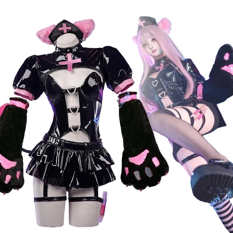 Demon Cat Nurse Cosplay Costume Cute Paw Girl Polyurethane Leather Outfit