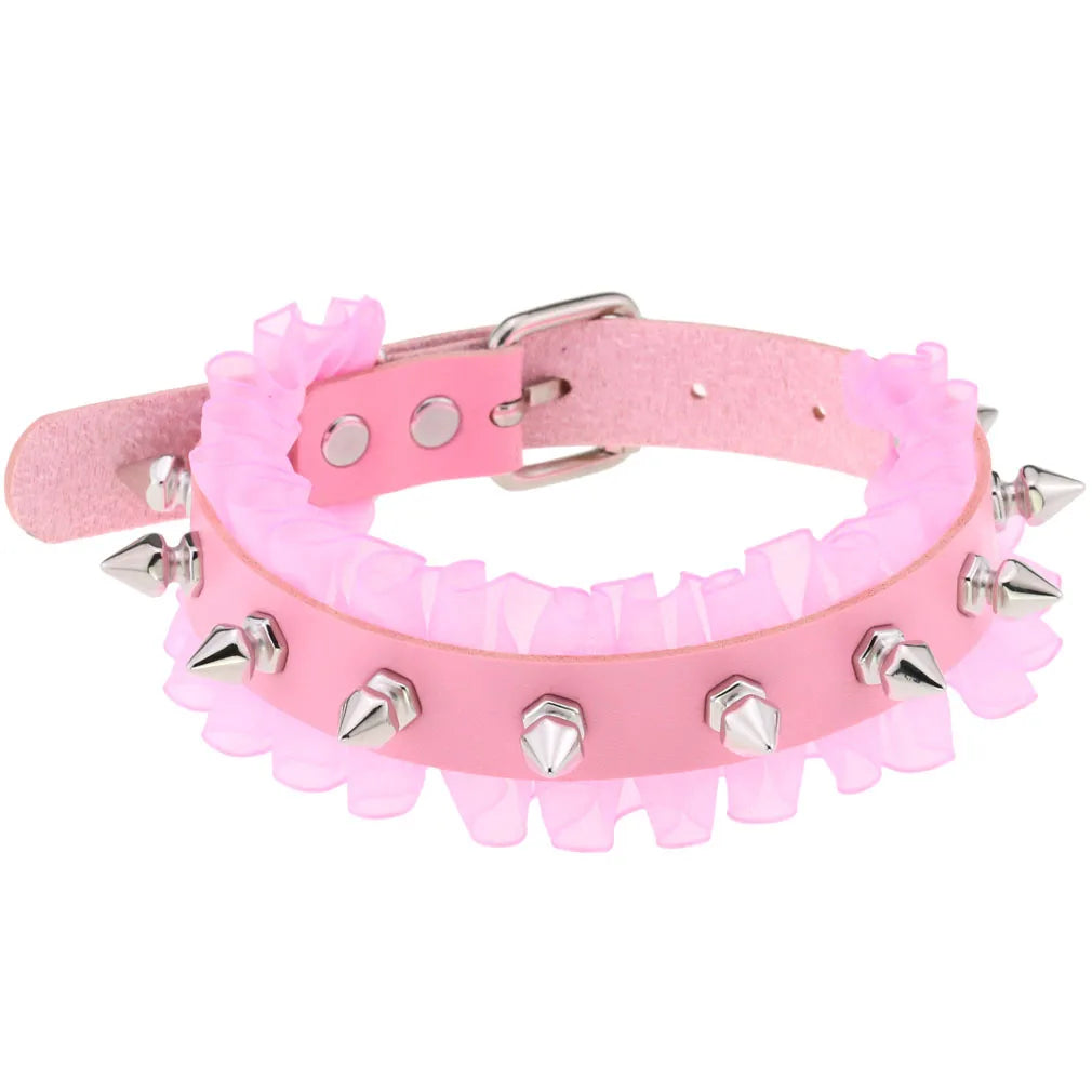 Trendy Punk Pink Lace Leather Choker Necklace