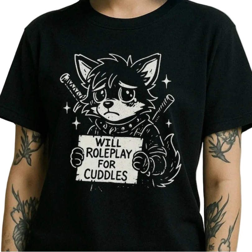 Person wearing a black t-shirt with a graphic design and text, standing against a textured wall.