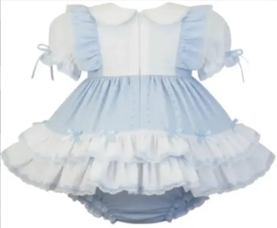 Sky Blue Soft Cotton Dress with White Doll Collar Elastic Pleats Cuffs Matching Bow Embellished Shorts