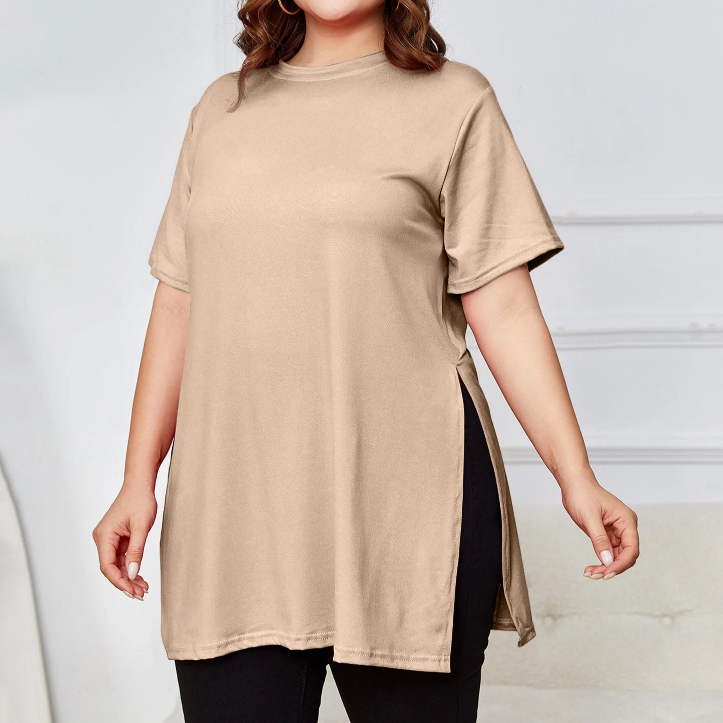 Plus Size Mid-length Slit T-shirt Solid Color Round Neck Short Sleeve