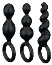 Set of black silicone butt plugs with varying designs on a white background