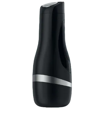 Black and silver masturbator with packaging on a teal background