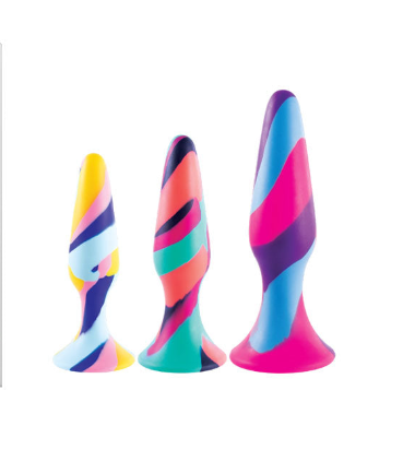 Three colorful, swirled objects on a white background