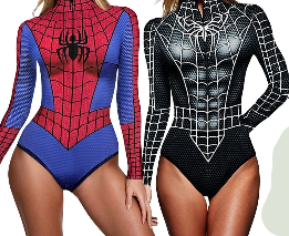 Two superhero-themed bodysuits, one red and blue, the other black and white, worn by models.