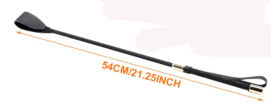 Black leather whip with measurements on a white background
