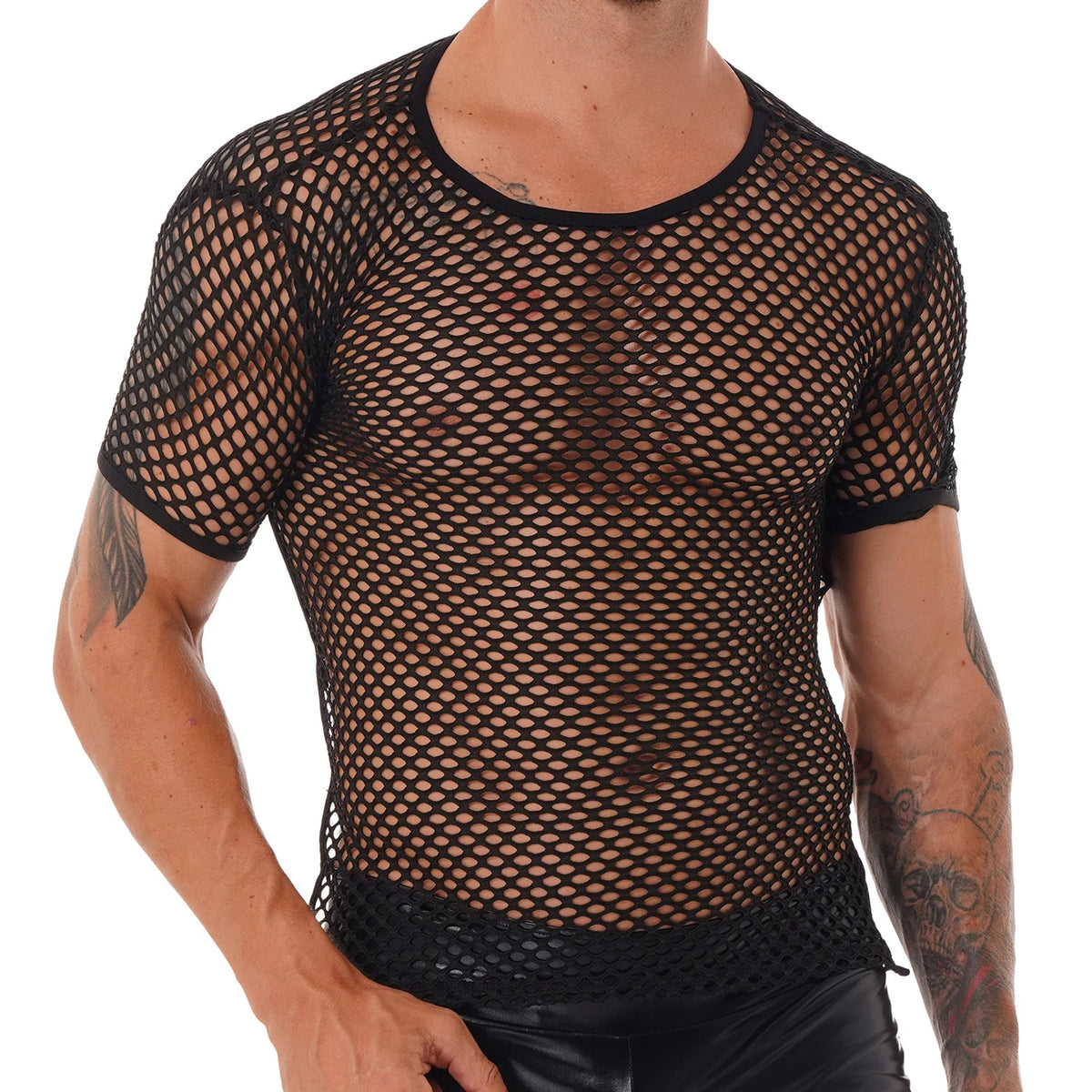 Mens T-shirt Tops Hollow Out Short Sleeve See Through Fishnet Mesh T-shirts Round Neck Crisscross Back Performance Club Wear