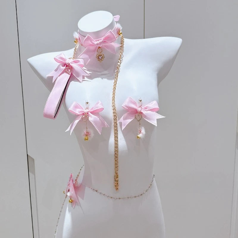 Pink Bow Nipple Clips Heart-Shaped Gemstone Collar Leash Set with Body Chain